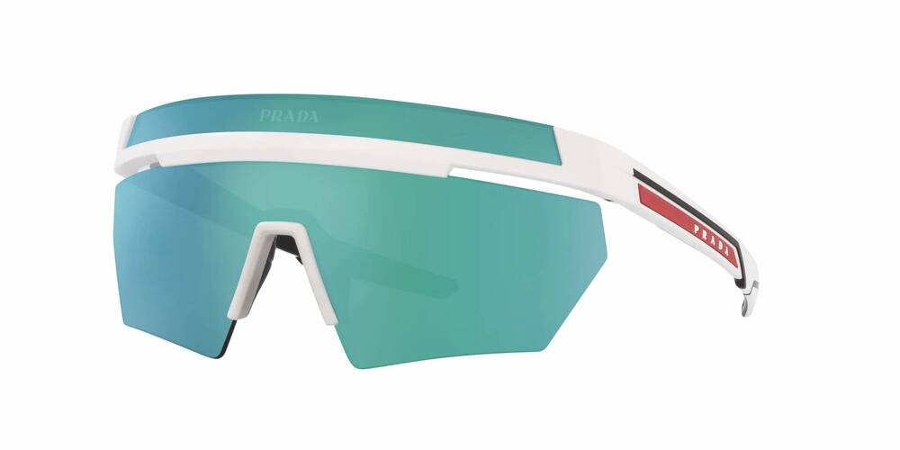 NEW PRADA men's linea rossa impavid wraparound sunglasses in matte white - blue